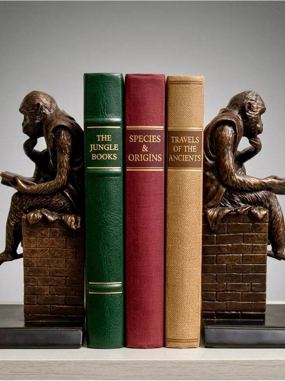 Bronze-Look Study Monkey Bookends Reading Chimpanzees Brick Pedestals Set of 2